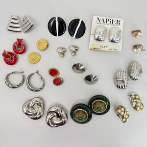 Vintage Earring Lot 14 Pairs Clip On Napier Silver Tone Red Enamel Faux Pearl